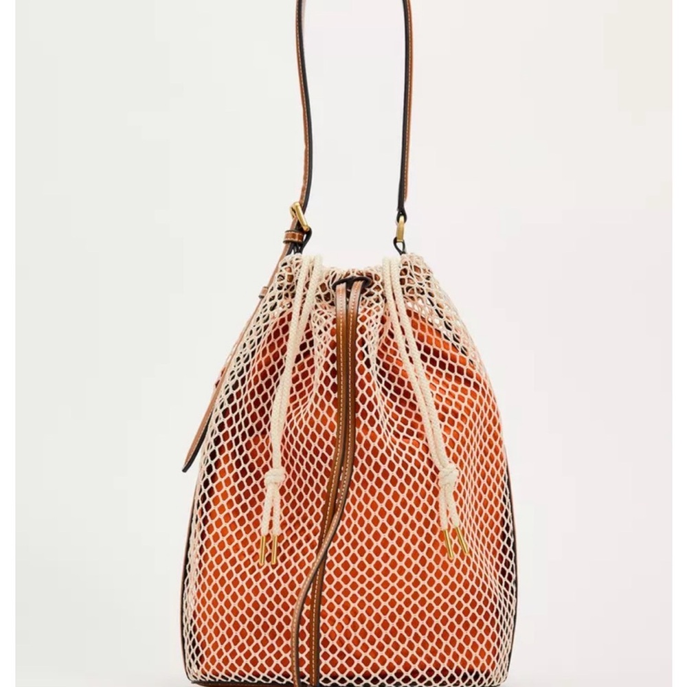 Zara Orange Mesh Drawstring Bucket Bag